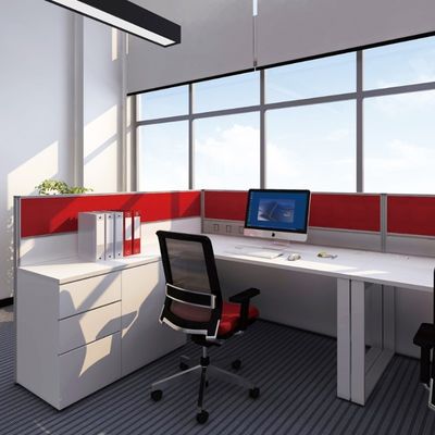 L-Shaped Staff Working Position With White And Red Color Matching Screen For Strong Privacy