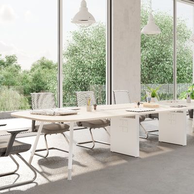 Wooden Top Modern Office Conference Table with White Color and Powder Coating Steel Desk Surface Support customization