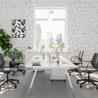 White Four-Person Staff Desk With Screen Divider Storage Cabinet And Mainframe RackSupport customization