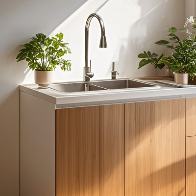 Customizable Double-Door Storage Cabinet For Kitchen And Dining Room Modern Wood Panel With Sink And Faucet