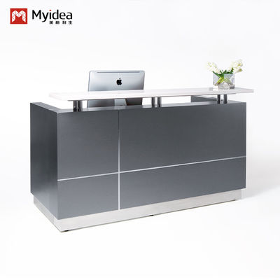 Modern Minimalist Wood Reception Desk With Dark Front Panels Office Hotel Company Entrance Hosting Clients Hospital Applications Support customization