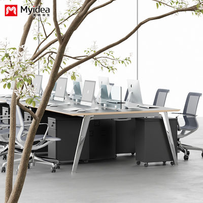 Modern Four-Person Office Desk customization Moduler Wooden Table Top With Plated Aluminum Alloy Legs for Office Contemporary Design