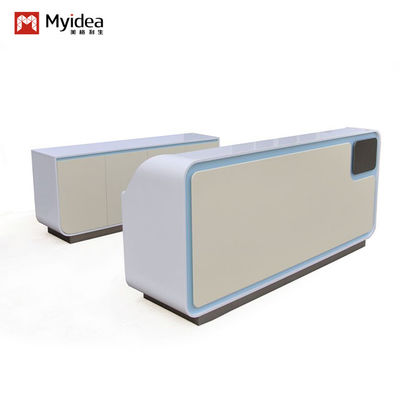 Support customization Modern Minimalist White Front Panel Reception Desk With Blue Frame for Office Hotel Company Hospital Entrance to Greet Customers