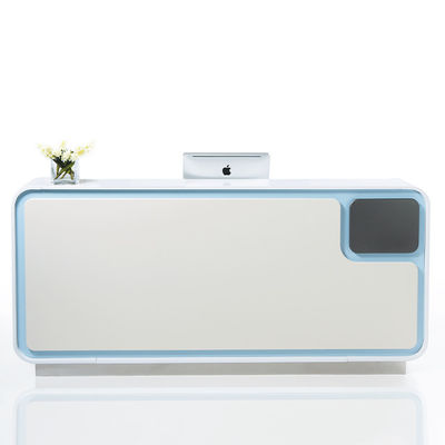 Support customization Modern Minimalist White Front Panel Reception Desk With Blue Frame for Office Hotel Company Hospital Entrance to Greet Customers