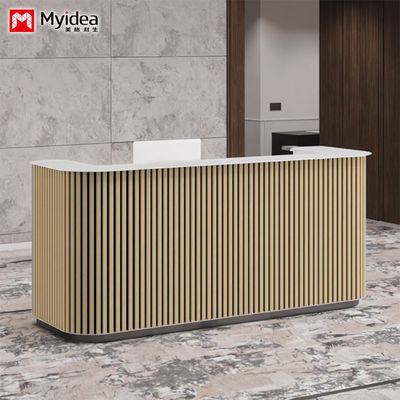 Wooden grille and white mountain patterned rock slab front desk, lobby reception desk support customization