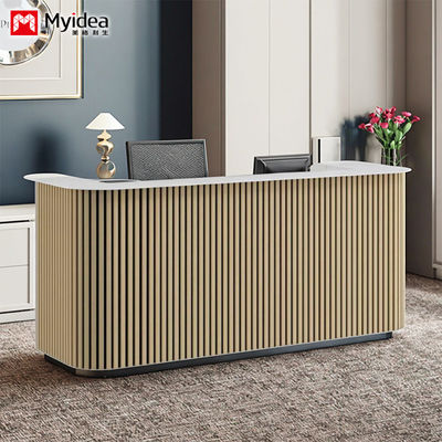 Wooden grille and white mountain patterned rock slab front desk, lobby reception desk support customization