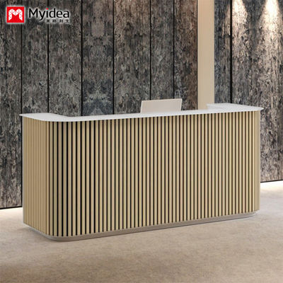 Wooden grille and white mountain patterned rock slab front desk, lobby reception desk support customization