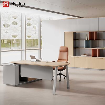 Myidea Solid Wood L-Shaped Executive Desk with Sub Cabinet and Multiple Steel Feet for Office Building